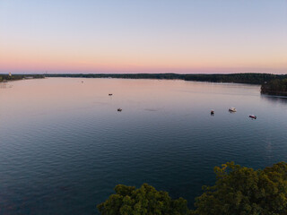 Fototapeta premium Sunset aerial View of the Great Bay at the Scammell Bridge in New Hampshire