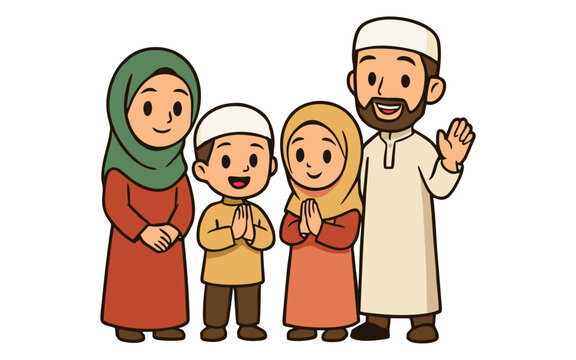 Illustration of a Happy Muslim Family in Islamic Clothing