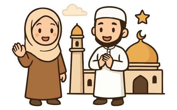 Illustration of a Happy Muslim Family in Islamic Clothing