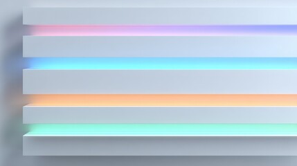 Obraz premium Nowoczesna, minimalistyczna ściana z poziomymi półkami podświetlonymi kolorowym światłem LED.