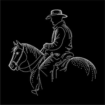 Cowboy riding a horse in profile. Rhinestone placement matrix, ideal for rhinestone (strass) application on garments and fashion products.
The illustration uses real-size dots of 2 mm, 3 mm, and 4 mm