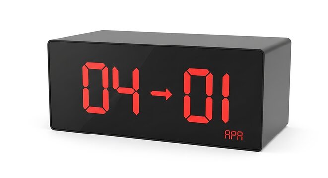 Modern digital alarm clock displaying April 1st with a red arrow, isolated on a white background, representing time and dates.