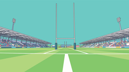 Obraz premium A rugby field shows goalposts in the center with empty stands on both sides of the field under a clear sky.