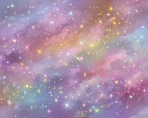 Magiczny, pastelowy kosmos z brokatowymi gwiazdami, abstrakcyjne tło konstelacji w kolorach tęczy.