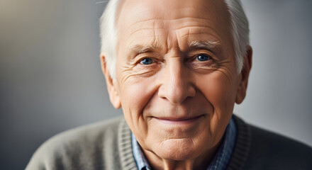 Obraz premium A close-up portrait of a smiling senior man with white hair and a warm expression
