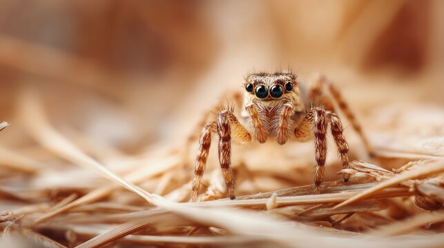 Close up of a jumping spider on dry grass