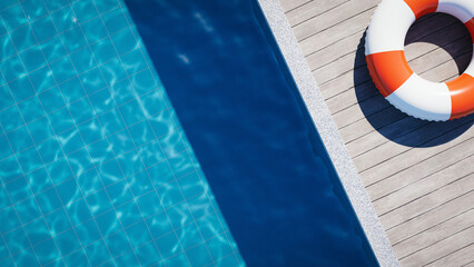 Summer pool edge with life ring on deck Copy space. 3d rendering