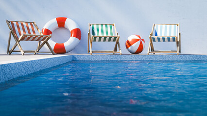 Summer vacation pool deck with chairs and ball Copy space. 3d rendering
