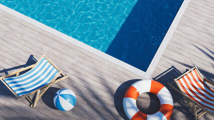 Top view summer pool deck with beach chairs Copy space. 3d rendering