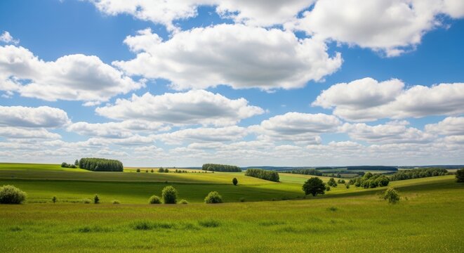 A green field under a blue sky with white clouds