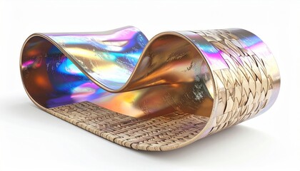 Obraz premium A looped, iridescent ribbon sculpture with woven base and metallic highlights on white