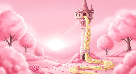 Obraz premium Enchanted Pink Castle Tower with Cherry Blossoms