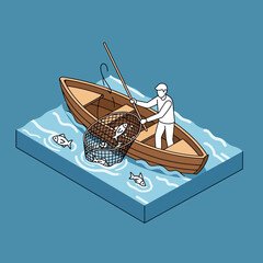 Isometric illustration of a man fishing from a wooden boat on calm waters. © Naur