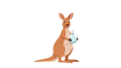 Cute brown kangaroo standing upright and holding a blue glass Christmas ornament with white snowflakes on it against a white background.