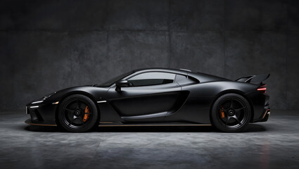 Fototapeta premium Luxury matte black sports car with aerodynamic design and orange details against a dark background