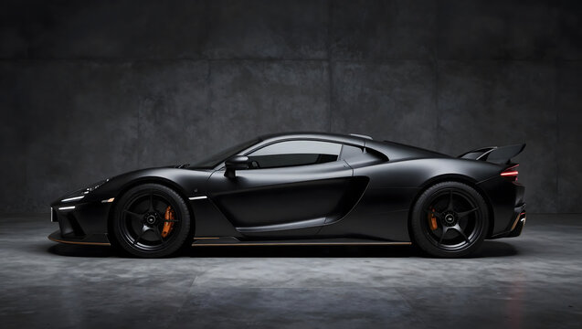 Luxury matte black sports car with aerodynamic design and orange details against a dark background