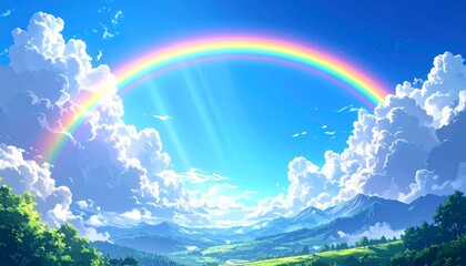 新緑と青空に輝く虹のイラスト　生成AI素材