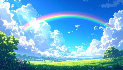 新緑と青空に輝く虹のイラスト　生成AI素材