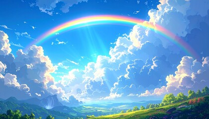 新緑と青空に輝く虹のイラスト　生成AI素材