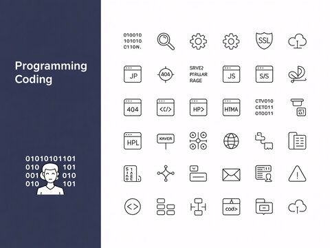 A collection of programming and coding line icons with binary code and web development symbols.