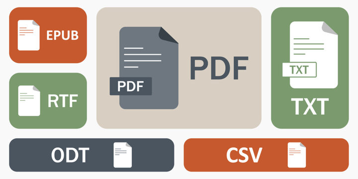Business document format bento grid illustration. Rounded modular tiles featuring PDF, TXT, EPUB, RTF, CSV and ODT icons with large central PDF file tile and stacked document shapes.
