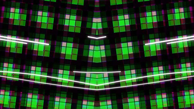 A futuristic green and black pixelated pattern with neon white lines on a dark background, creating a vibrant and dynamic visual effect.