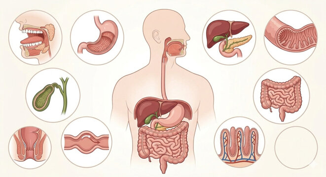 Human digestive system anatomy vector icon set, gastrointestinal tract organs