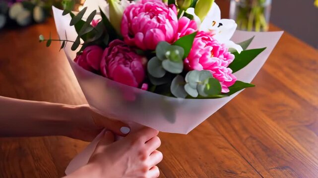 Hands wrapping pink peony bouquet on wooden table, florist folds translucent paper around lush peonies and eucalyptus, ties soft ribbon, warm bokeh lights, closeup of delicate