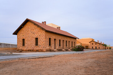 Restored Ottoman-era stone buildings at the historic Hijaz Railway Station and museum in Tabuk, Saudi Arabia