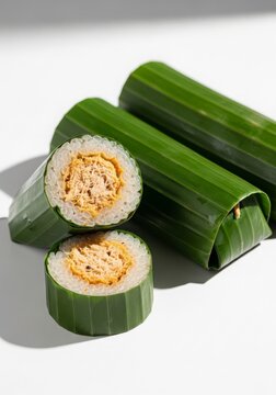 Realistic food photography of Indonesian lemper wrapped in banana leaf, one piece sliced open showing shredded chicken filling, clean white background, soft natural light, detailed rice texture, subtl
