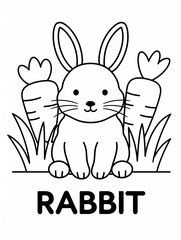 Fototapeta premium Cute Rabbit Coloring Page with Carrots and Grass, 귀여운 토끼 당근과 풀 컬러링 페이지