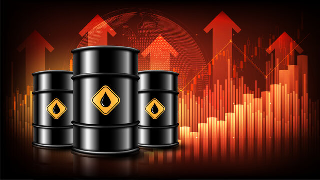 Global oil price surge and energy crisis concept with rising charts and oil barrels, vector illustration