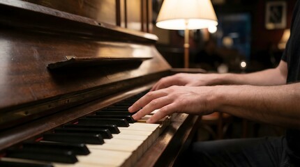 Fototapeta premium International Jazz Day: Hands Playing Jazz Piano Keys in Cozy Warm Light Closeup
