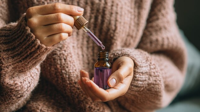 Womans hands holding essential oil bottle with dropper