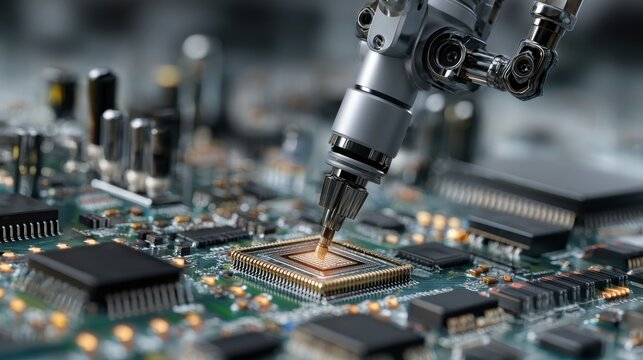 machine inserting microchips into consumer electronic on blurred background