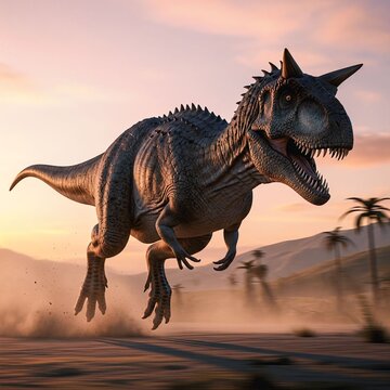 Carnotaurus Running Across Prehistoric Plain