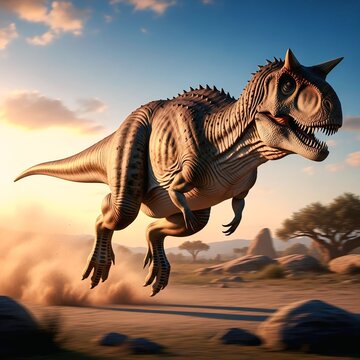 Carnotaurus Running Across Prehistoric Plain