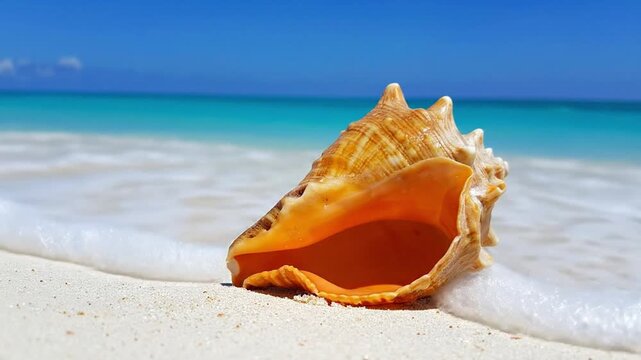 A conch shell rests on a pristine white sandy beach with clear turquoise ocean water and a bright blue sky in the background during the daytime.