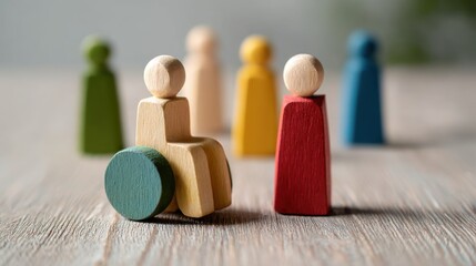 Wooden figures representing diversity and inclusion with a disabled person in wheelchair among others. Concept of equality, accessibility, social integration and inclusive society in workplace.
