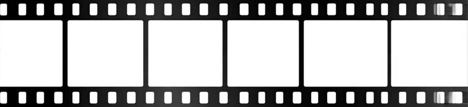 A strip of film negative with six blank frames. The sprocket holes are visible