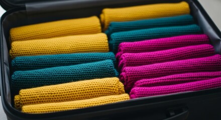 Fototapeta premium Suitcase packed with neatly rolled knitted clothes in vibrant colors
