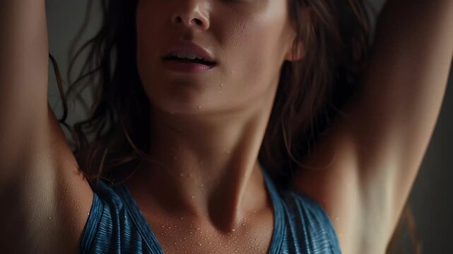 Closeup of young woman sweating profusely after intense physical activity