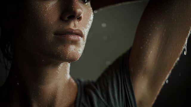 Woman sweating heavily on neck and armpit during intense workout