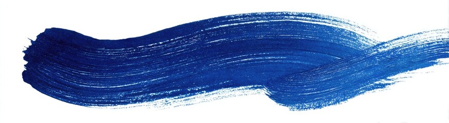 A long, flowing stroke of deep blue paint on white background. Brushstrokes evident
