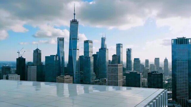 Glass facade rooftop overlooking skyline and reflective panels. Clean architectural scene showing vertical glass columns, rooftop terrace edge, cloudy sky reflection, minimalist exterior