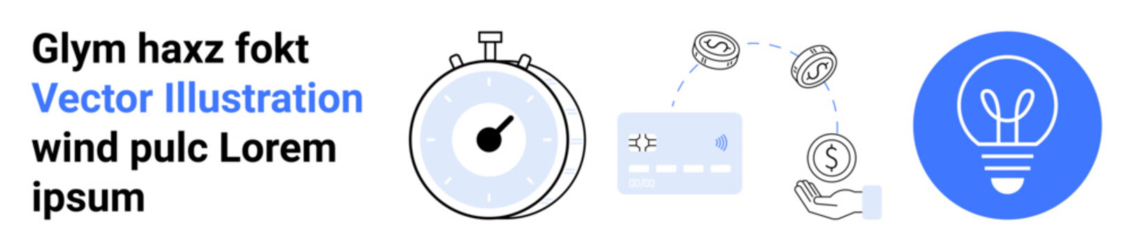 Time management, innovative solutions, financial planning, productivity tools, creative thinking, digital economy. Stopwatch, financial signs and a light bulb icon. Time management and innovative