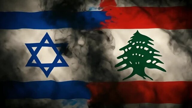 flags of israel and lebanon shrouded in thick black smoke against bright flashes of fire