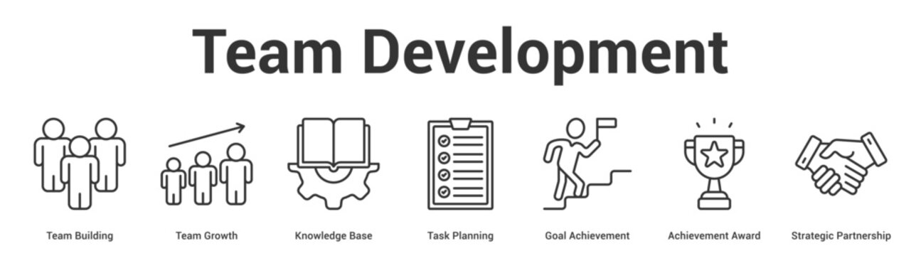Team Development web banner icon set vector illustration concept for business with icon of Team Building, Team Growth, Knowledge Base, Task Planning, Goal Achievement, Achievement Awa.