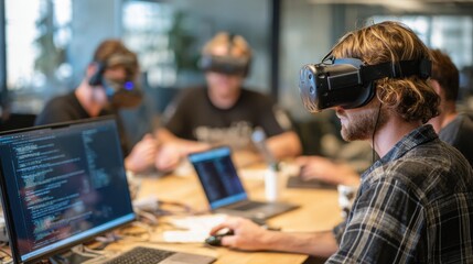 Obraz premium team collaborating through virtual reality coding on blurred background