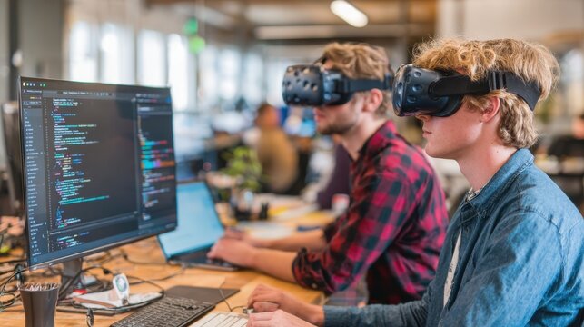 Software team collaborating through virtual reality coding on blurred background